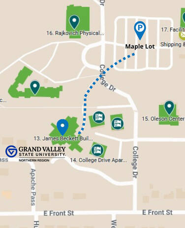 Map of Grand Valley State University Northern Region showing a route from Maple Lot to James Beckett Building.
